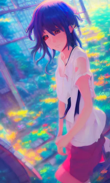 Prompt: a colorful anime scene of a girl, detailed background, portrait, artgerm, artstation, by artists rossdraws and studio ghibli