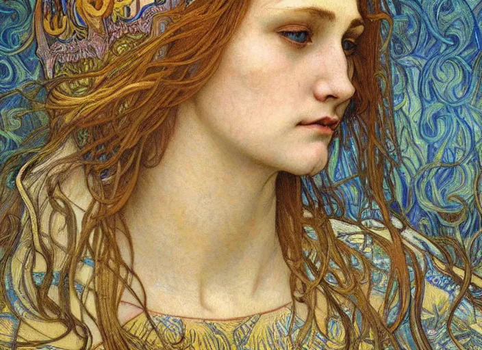 Image similar to detailed realistic beautiful young medieval queen face portrait by jean delville, alphonse mucha, vincent van gogh, and marco mazzoni, art nouveau, symbolist, visionary, gothic, pre - raphaelite