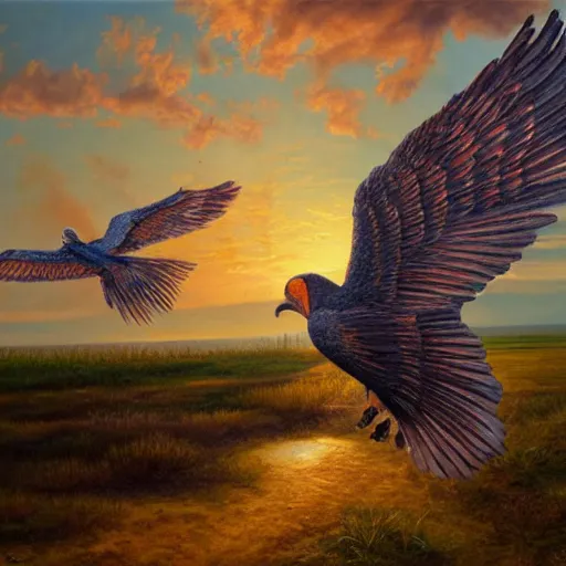 Prompt: a job offer with wings, flapping its wings flying in sunset sky, oil on canvas, portrait, intricate, 8k highly professionally detailed, HDR, CGsociety