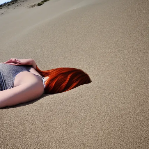 Prompt: sleeping redhead half buried in sand on desolate beach