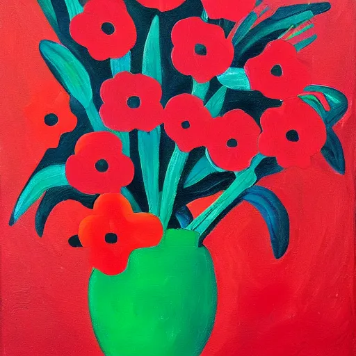 Prompt: a painting of red flowers in a red vase, a gouache by tom wesselmann, pixabay contest winner, naive art, acrylic art, oil on canvas, fauvism