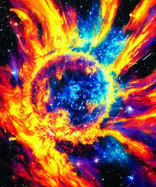 Prompt: blackhole, sun burst, space, bright colors, painting, rule of thirds, phoenix flames, nebula clouds, soft tones