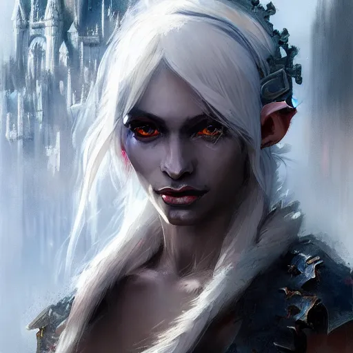 Image similar to closeup portrait of a drow elf, dungeons and dragons character, castle background, gorgeous view, realistic, high detail, digital art, painted by greg rutkowski, painted by jeremy mann, trending on artstation