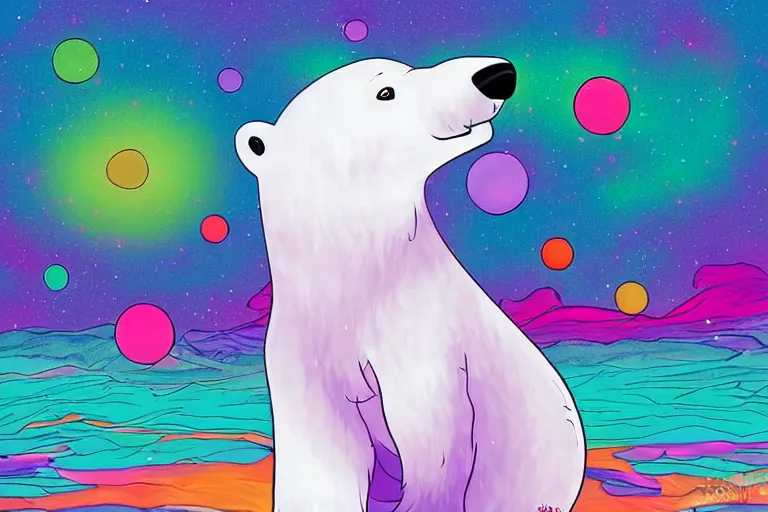 Image similar to a relaxed polar bear looking to the sky by lisa frank, digital art,