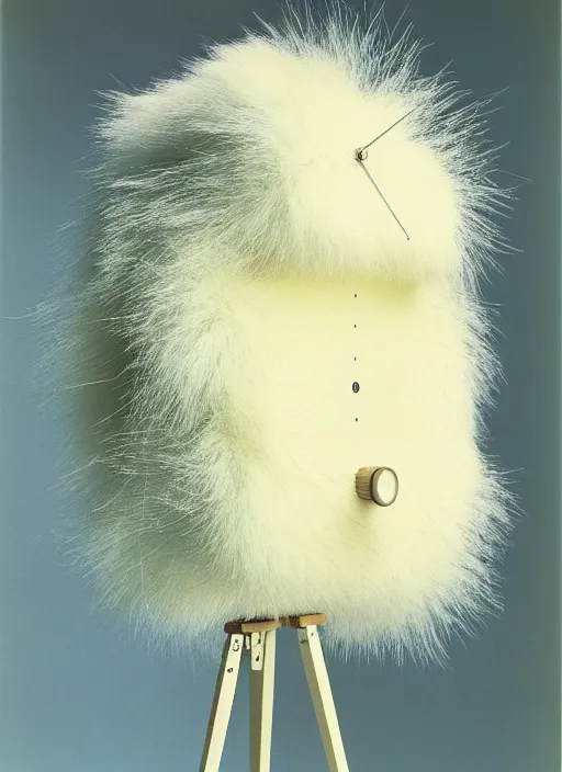 Prompt: realistic photo of a a modern brushwood and straw astronomy archeology scientific equipment gadget sculpture made of brushwood, with white fluffy fur, by dieter rams 1 9 9 0, life magazine reportage photo, natural colors, metropolitan museum collection