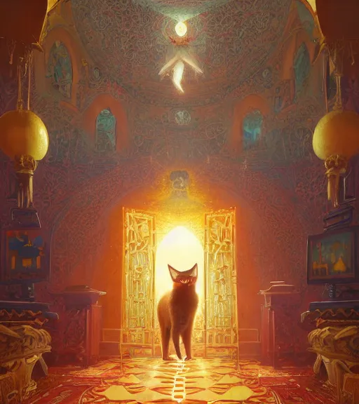 Prompt: closeup of anthropomorphic caracal in vr in golden clothes in orthodox church with orthodox icons, darkness noir surreal, art by loish rhads ferdinand knab lois van baarle tom bagshaw, global illumination, radiant light, highly detailed, octane render, 8 k