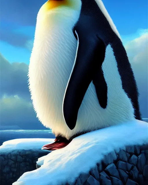Prompt: epic portrait cinematic shot an fluffy fat penguin, happy, cute, iceberg backround, cloudy, fine details. night setting. realistic shaded lighting poster by craig mullism, artgerm, jeremy lipkin and michael garmash, unreal engine, radiant light, detailed and intricate environment, digital art, trending on art station,