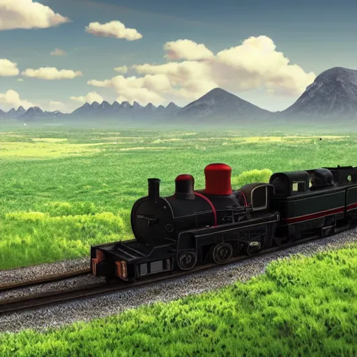 Image similar to miyazaki style, expansive landscape with mountains in the background and wind swept fields in the foreground, a steam powered train is going from left to right on tracks in the middle of the scene, ultra high quality render in 8 k ghibli film type