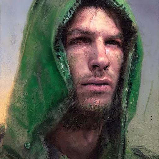 Image similar to portrait of a lost chad programmer with green hood by jeremy mann, dramatic lighting, close up