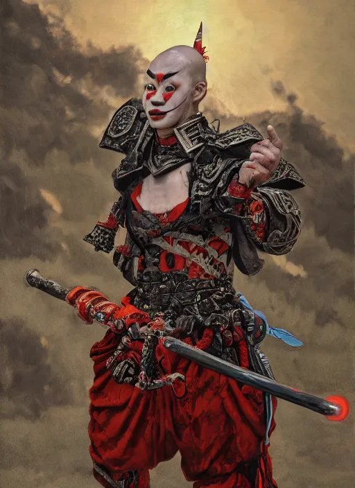 Prompt: portrait of a diabolical cyborg clown samurai shaolin girl, torn cape, adaptive armor, dynamic pose, heavy eyes to the side, ancient ruins, glowing veins subsurface scattering, in clouds, sunset, portrait, by gerald brom, by mikhail vrubel, by peter elson, muted colors, extreme detail, reflections, trending on artstation, 8 k