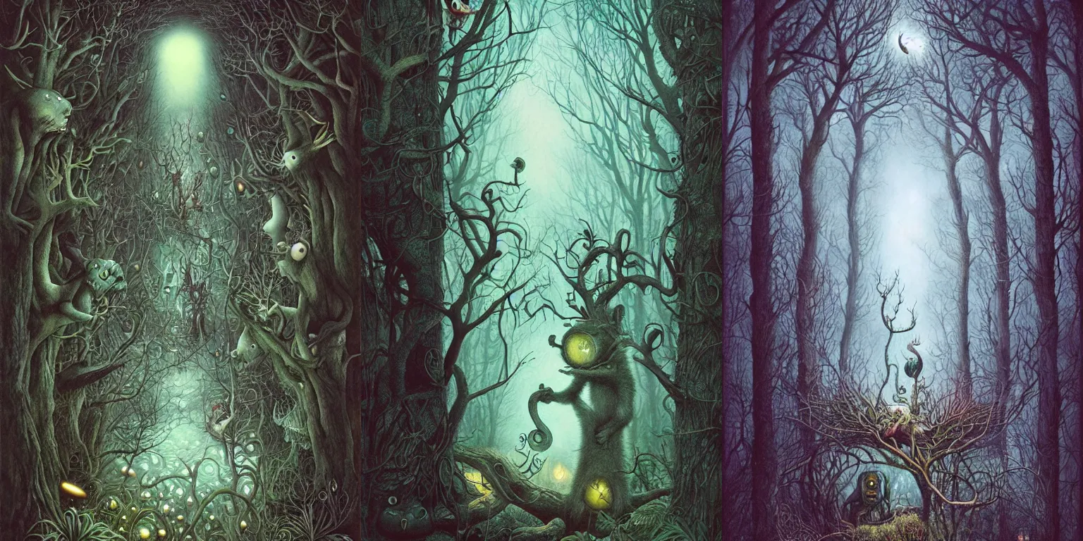 Image similar to wide angle flash photo of a creepy anthropomorphic creature hiding behind trees in a magic forest by Daniel Merriam