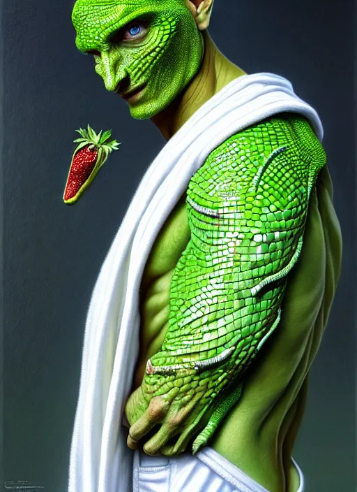 Image similar to an man in a white robe, green skin with lizard scales, different fruits growing on his clothes, intricate, highly detailed, concept art, hyperrealistic, oil painting by greg staples and tristan eaton, 8 k