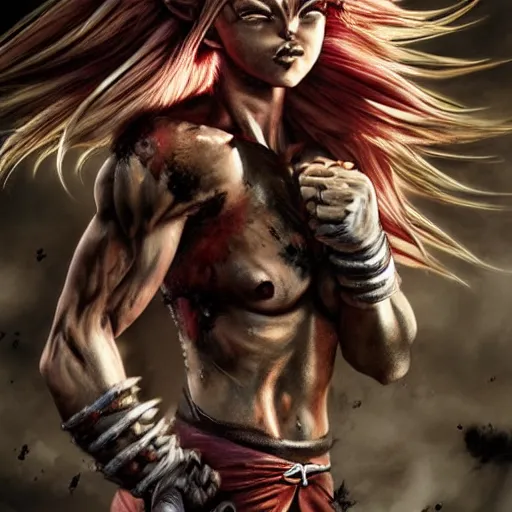 Image similar to fistfight, bloody, brutal, warrior girl, muscular girl, wild spiky black saiyan hair, long spiky hair, electrified hair, fistfighting, ultra realistic, intricate details, highly detailed, subsurface scattering, photorealistic, octane render, 8 k, art by artgerm, greg rutkowski, magali villeneuve, alphonse mucha