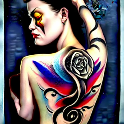 Image similar to a painting of a woman with tattoos on her body, an airbrush painting by Johannes Voss, featured on cgsociety, fantasy art, airbrush art, detailed painting, digital painting-H 1024