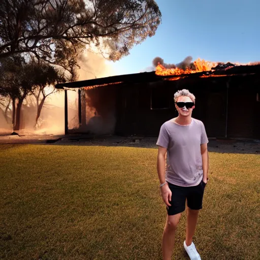 Prompt: a beautiful portrait of an extremely cool bloke wearing a pair of sunglasses being unfazed by the fact that his house is on fire, on a hot australian day, high quality, photography, volumetric lighting, 8 k