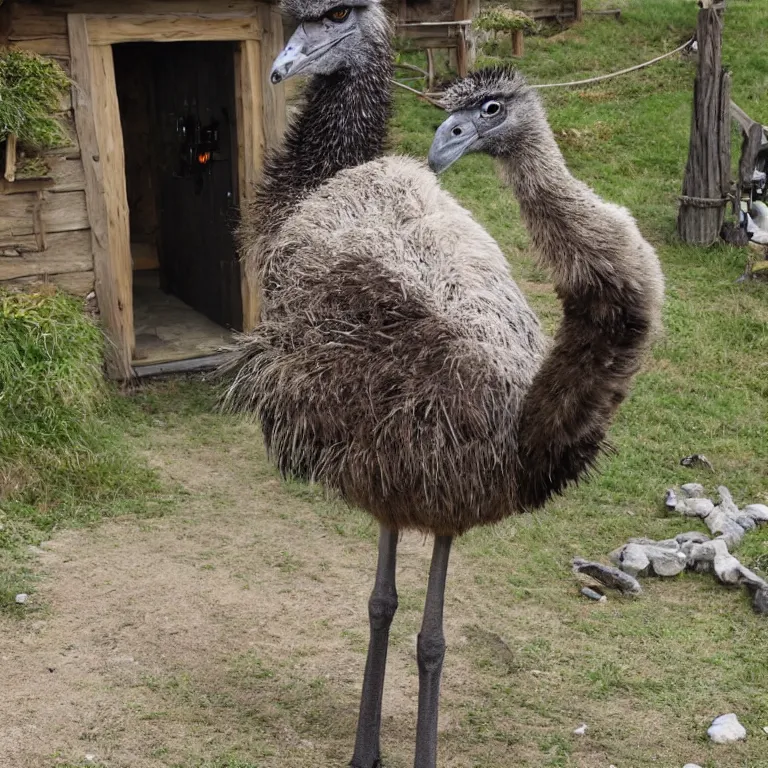 Image similar to an emu in the middle of a hobbit tavern