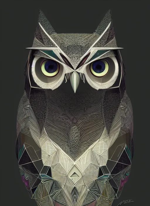 Image similar to portrait of a geometric owl, identical eyes, medium shot, illustration, full body made of white feathers, 8 k, symmetrical, art stand, super detailed, cinematic lighting, and its detailed and intricate, gorgeous, by peter mohrbacher