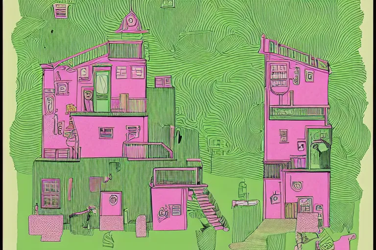 Prompt: a pink and green illustration of a cross section of a house, a storybook illustration by muti and tim biskup, featured on dribble, arts and crafts movement, behance hd, storybook illustration, dynamic composition