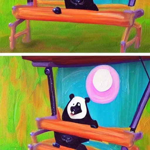 Image similar to beautiful and adorable and cute acrylic! impasto! painting of a sad, crying panda bear on a playground swing. by jeremiah ketner and studio ghibli