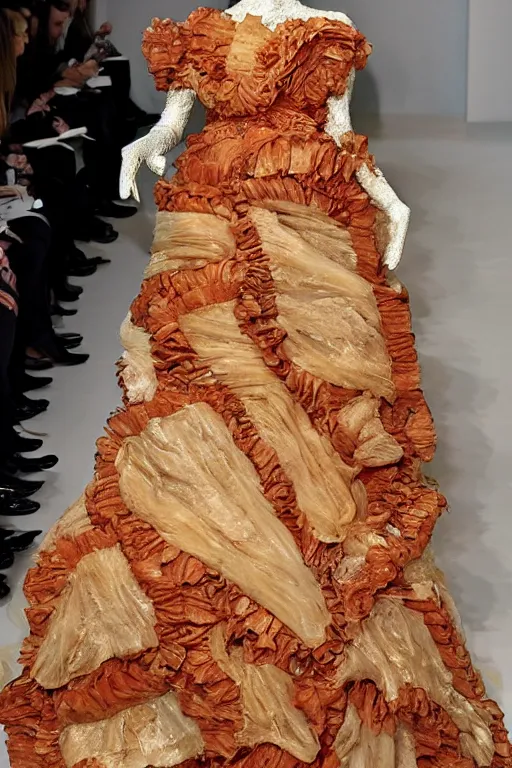 Prompt: haute couture dress made out of lasagna, styled by alexander mcqueen, high details