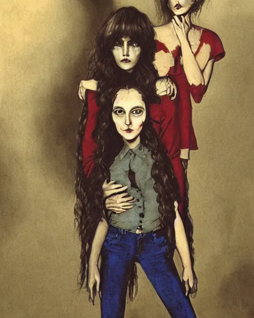 Prompt: two handsome but sinister, creepy young women in layers of fear, wearing oxford shorts, with haunted eyes like mannequins band wild hair, 1 9 7 0 s, seventies, wallpaper, a little blood, moonlight showing injuries, delicate embellishments, painterly, offset printing technique, by john howe, brom, robert henri, walter popp