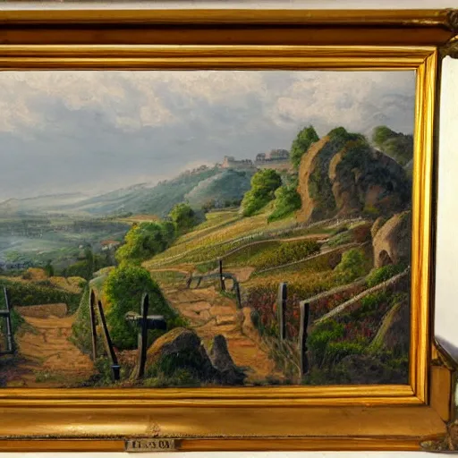 Prompt: highly detailed painting of a cliff side, at the bottom is a vineyard, in the distance you can see an ancient army with flags on the move, thick brush strokes, visible paint layers.