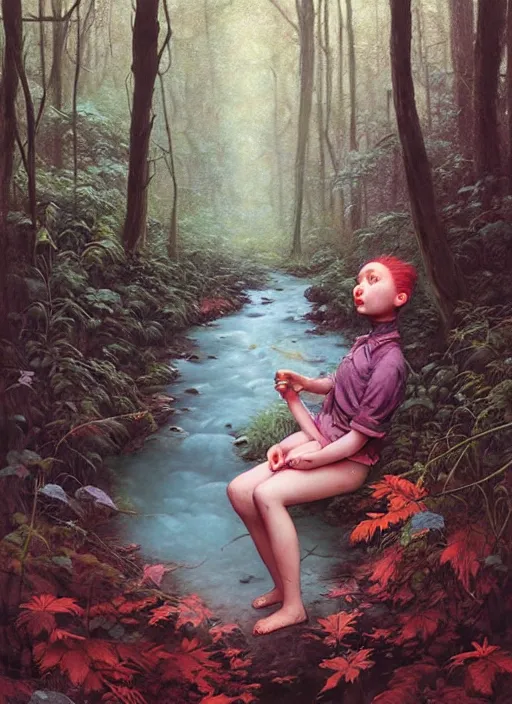 Image similar to bubblegum in the woods by a stream, river gorgeous lighting, lush forest foliage blue sky a hyper realistic painting by chiara bautista and beksinski and norman rockwell and greg rutkowski, tom bagshaw weta studio, and lucasfilm