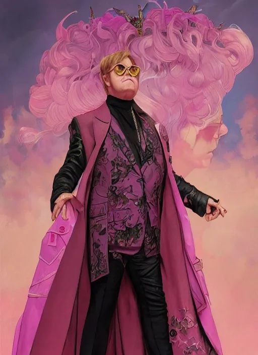 Image similar to Elton John using pink jumpsuit , headshot, painted fantasy character portrait, D&D, highly detailed, digital painting, artstation, sharp focus, art by artgerm and greg rutkowski and alphonse mucha and magali villeneuve