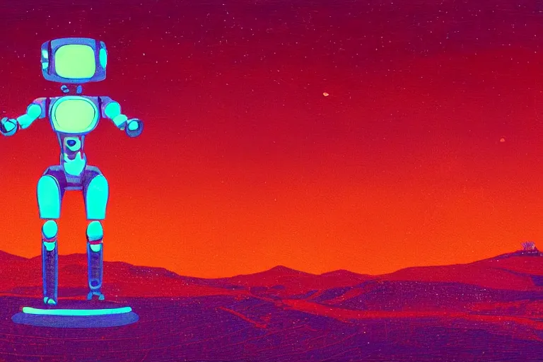 Image similar to a robot standing on mars in the style of flooko, acrylic art, detailed, moonlight, red lighting, bokeh, synthwave, psychedelic, glitch, neon,