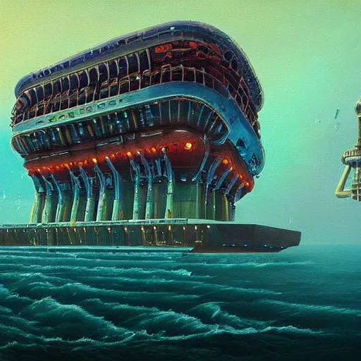 Prompt: beautiful painting of a giant mechanical theatre under the ocean in the style of Simon Stålenhag and H. R. Giger