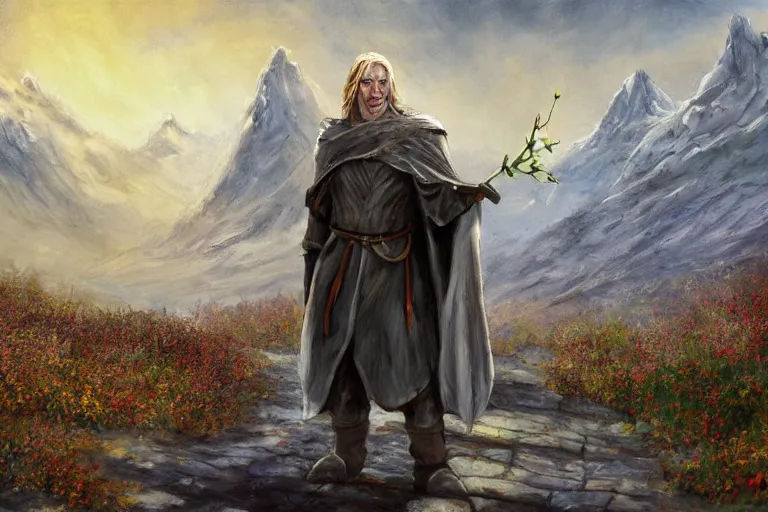 Prompt: concept art, mood painting, environment painting, gondor man holding white flower looking at flower large field autumn october snow capped mountains in background lord of the rings lotr. style of, ryan church, jon mccoy, george hull, painting