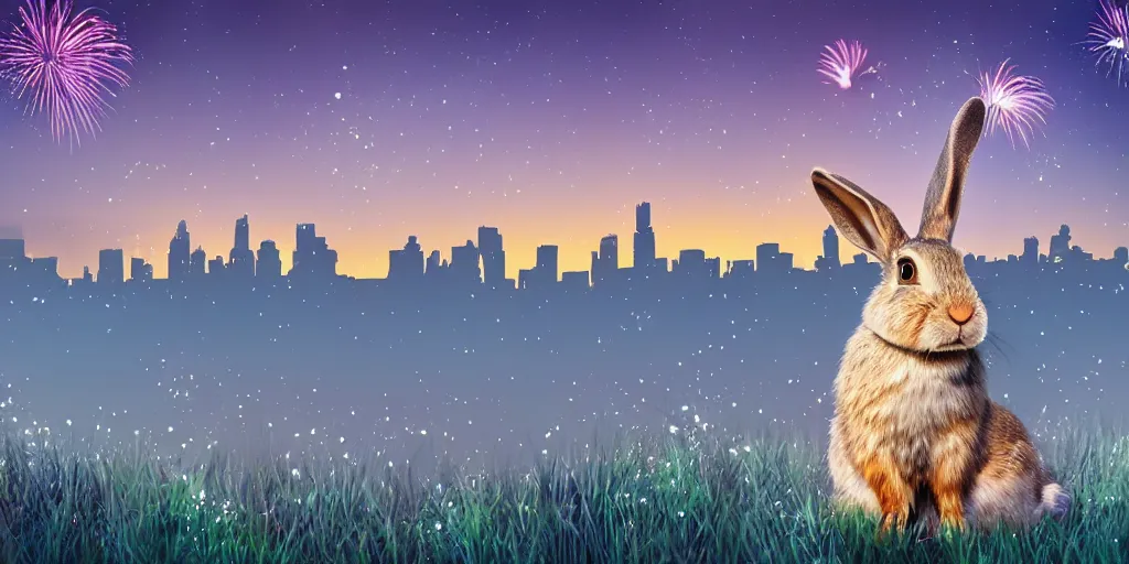 Prompt: a rabbit watching fireworks in the sky, sitting on a hill, city skyline in the background, nighttime, realistic digital art