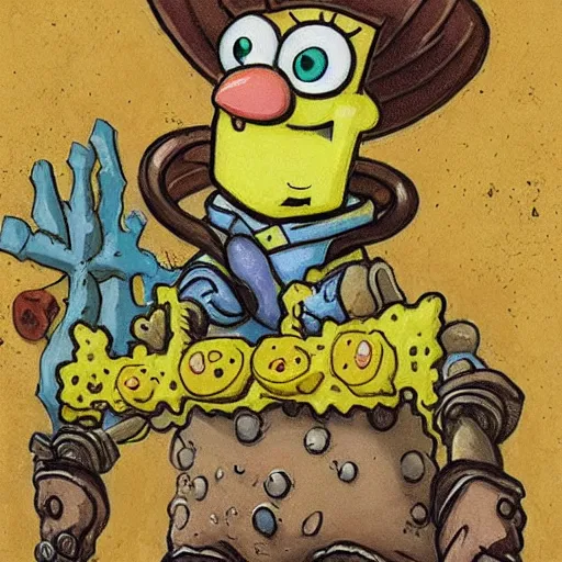 Prompt: spongebob roundpanrs portrait by rebecca guay in the style of a full sized magic the gathering art piece