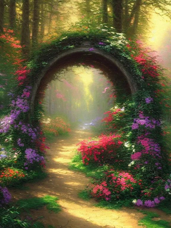 Prompt: an oil painting of a floral archway in the woods by Thomas Kinkade, by Ferdinand Knabhyperreal 4k artstation