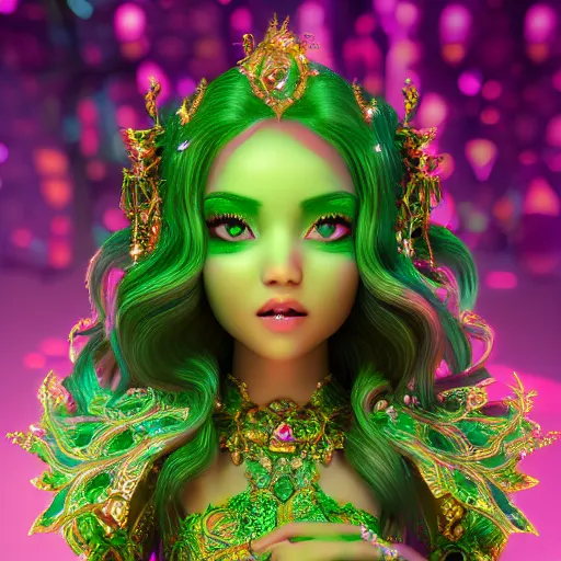 Prompt: portrait princess of jade, glowing, beautiful, ornate and intricate green jewelry, jaw dropping beauty, glowing background lighting, green accent lighting, hyper detailed, fairy tale, 4 k octane render