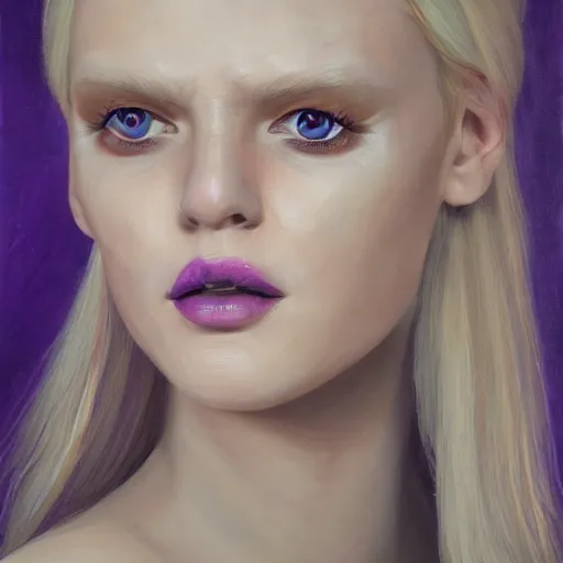 Image similar to a symmetrical portrait of a blonde woman with purple eyes, oil painting, pale colors, high detail, 8 k, wide angle, trending on artstation,