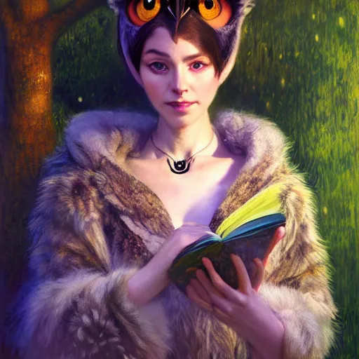 Prompt: a female owl owlwoman bird in magic robes at night in a dark forest. zootopia fursona furaffinity furry art detailed face painting by gaston bussiere craig mullins jc leyendecker gustav klimt artgerm greg rutkowski furry