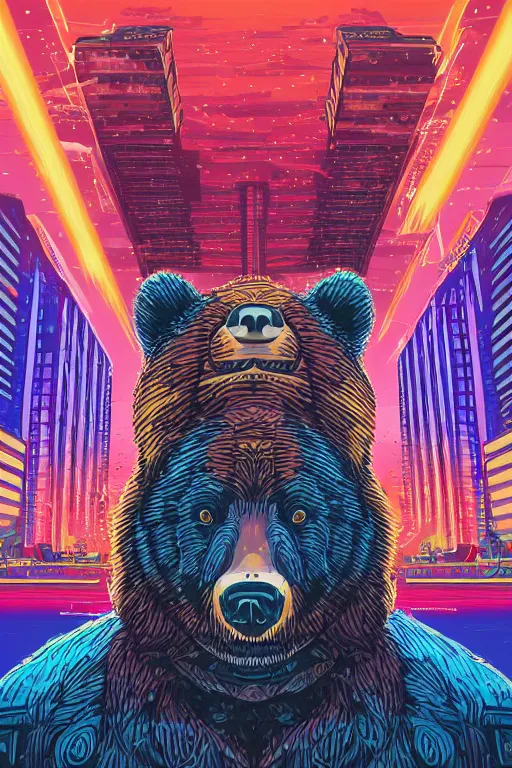 Image similar to a portrait of a bear with thunders in the sky in a future cybernetic city, outrun style and colours, trending on arstation, by dan mumford, by ross tran