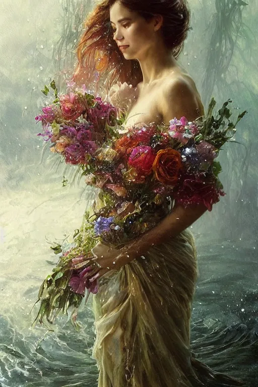 Image similar to portrait of a beautiful mysterious woman holding a bouquet of flowing flowers, drenched body, wet dripping long hair, hands hidden under the bouquet, emerging from the water, fantasy, regal, intricate, by stanley artgerm lau, greg rutkowski, thomas kindkade, alphonse mucha, loish, norman rockwell