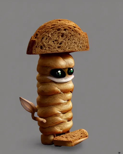 Image similar to detailed creature made of bread, very original, cute and friendly, fantasy house, sitting on the table, high quality, perfect, 8 k high detail, masterpiece, trending on artstation