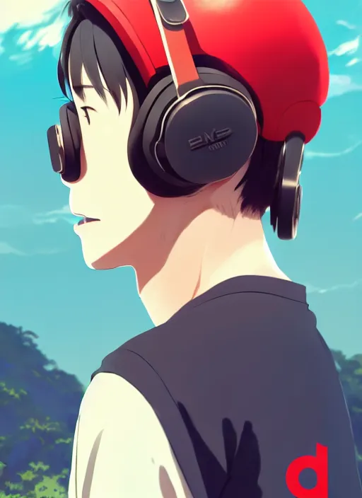 Image similar to portrait of chilled kong, sunny sky background, lush landscape, illustration concept art anime key visual trending pixiv fanbox by wlop and greg rutkowski and makoto shinkai and studio ghibli and kyoto animation, symmetrical facial features, black t shit, red headphones, ripped jeans, backlit, aerodynamic frame, gta 5