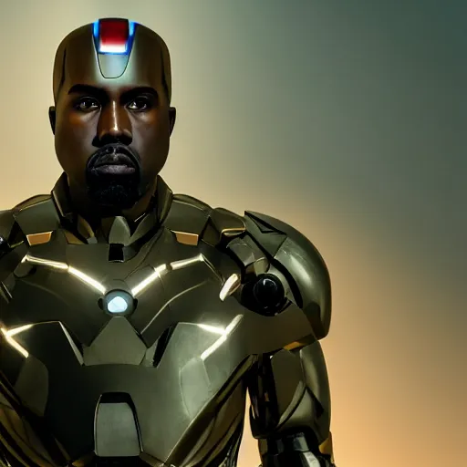 Image similar to Portrait of Kanye West in a Ironman-suit, splash art, movie still, cinematic lighting, dramatic, octane render, long lens, shallow depth of field, bokeh, anamorphic lens flare, 8k, hyper detailed, 35mm film grain