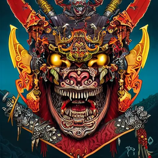 Image similar to barong family ancient sword with jewels, wiwek, mara demon, one single tribe member, jungle, one single mask, dark, ancient warrior, tribal, inner glow, art by dan mumford and justin gerard