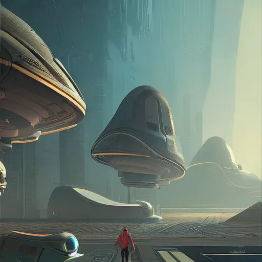 Image similar to futuristic colony on mars with alien and robot pedestrians walking in between giant buildings in the style of petros afshar, cg society, trending on artstation,