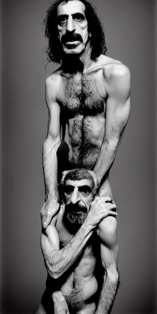 Prompt: award winning photo of frank zappa wearing thong, symmetrical face, beautiful eyes, studio lighting, wide shot art by Sally Mann & Arnold Newman