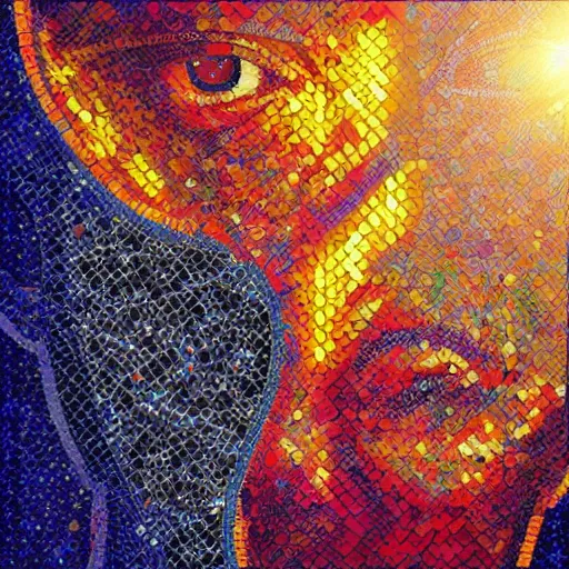 Prompt: mosaic portrait of a beautiful cute girl with robot ears, 4k, intricate details, digital, sun in the background