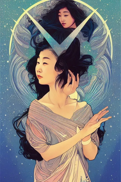 Image similar to edge of the universe, asian girl, space, stars, starship, digital art, smooth defined outlines, vector background, by brom, trending on artstation, alphonse mucha, tom bagshaw, sargent