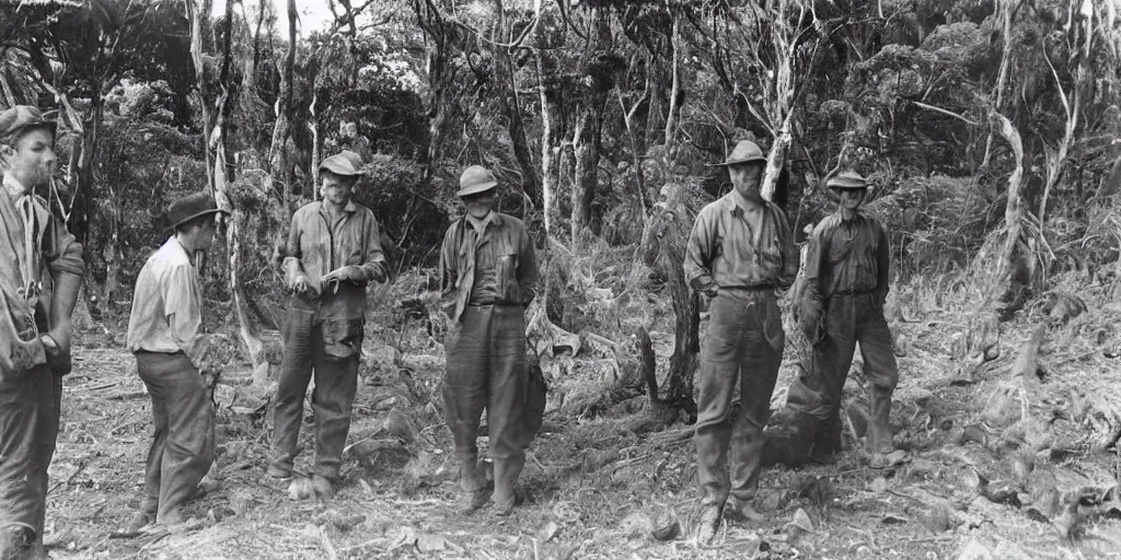 Image similar to louis theroux interviewing kauri loggers at great barrier island, new zealand 1 9 2 0's