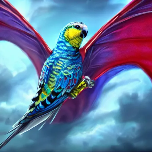 Image similar to an oil painting of a budgie with dragon wings, hd, hdr, ue 5, ue 6, unreal engine 5, cinematic 4 k wallpaper, 8 k, ultra detailed, high resolution, artstation, award winning