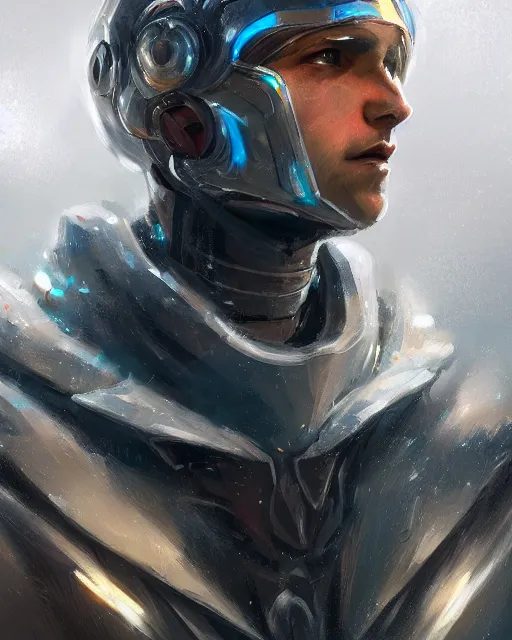 Image similar to portrait of handsome guy in cyber armor, dreamy and ethereal, expressive pose, bule eyes, exciting expression, fantasy, intricate, elegant, many lightning, cold color, highly detailed, digital painting, artstation, concept art, cyberpunk wearing, smooth, sharp focus, led, illustration.